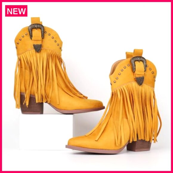 Women's Suede Fringe Cowboy Boots Snip Toe Pull On Western Ankle Booties - Picture 4 of 7